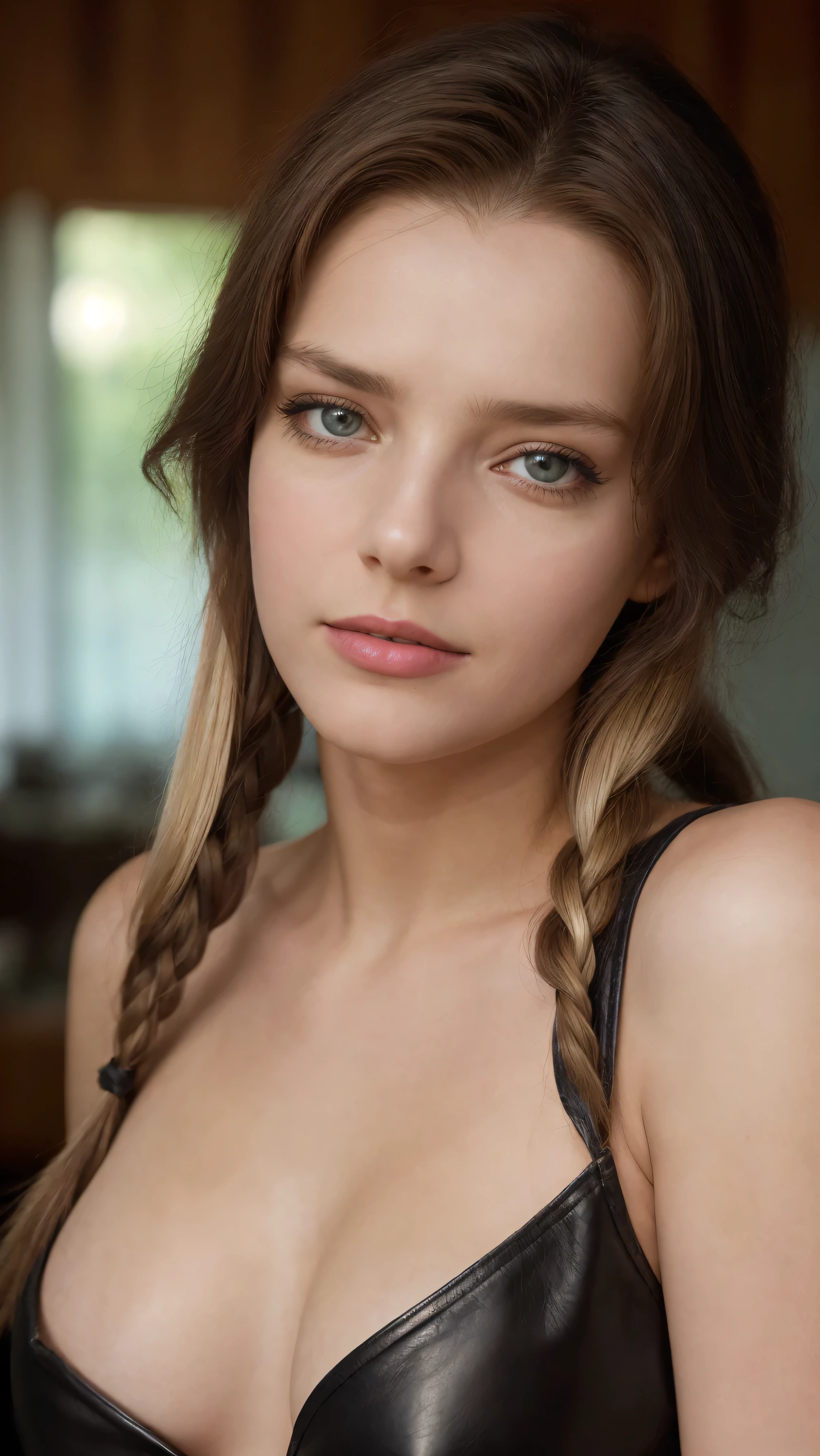 woman, smile, medium neck dress, warm light, shadows, Photograph of a 25 year old woman, (ambivalent facial expression), face looking at camera, full face, portrait, faces are visible more, and the eyes look straight, broun textured leather cloth, goosebumps, ash blonde mermaid with braid, Perfect eyes, realistic skin texture, too much sweat, (ektachrome), Velvia 100 color, shot with Leica T, hips, sharp focus on the subject, shot by Peter Lindbergh, bright, fair, realistic look, tika on forehead, nose jewelry, African lips, red lipstick, pink slip, big breast, leather bra, leather short,