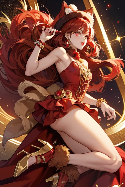 Ruby Frost has tan skin and straight red hair that goes past her waist. She has big brown eyes with gold eyeshadow and red lips. Her accessories consist of a furry red cat hat.
Her outfit consists of a long sparkly red dress. A red bow is attached on the right side of her chest. Her heels are golden with red gems on them. . SPARKLE; GLITTER