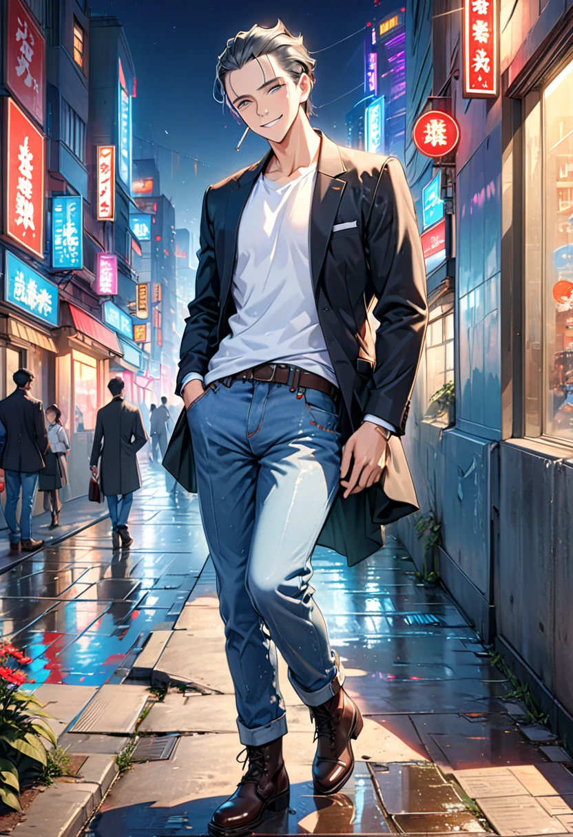 "Create an image of a handsome, slim counselor without a beard. He is wearing a suit, with a white T-shirt, jeans, and boots. He has short, slicked-back, silver, expressive, wet, and shiny hair. The background is a neon-lit city at night. He has a cheerful mood and a wry smile, with a calm, piercing gaze. He is holding a cigarette. He is either leaning against a wall or walking. Surrealism, Conceptual art, cowboy shot, lens flare, 8k, super detail, UHD, masterpiece, anatomically correct, textured skin, super detail, high details, high quality, award-winning, best quality, highres."