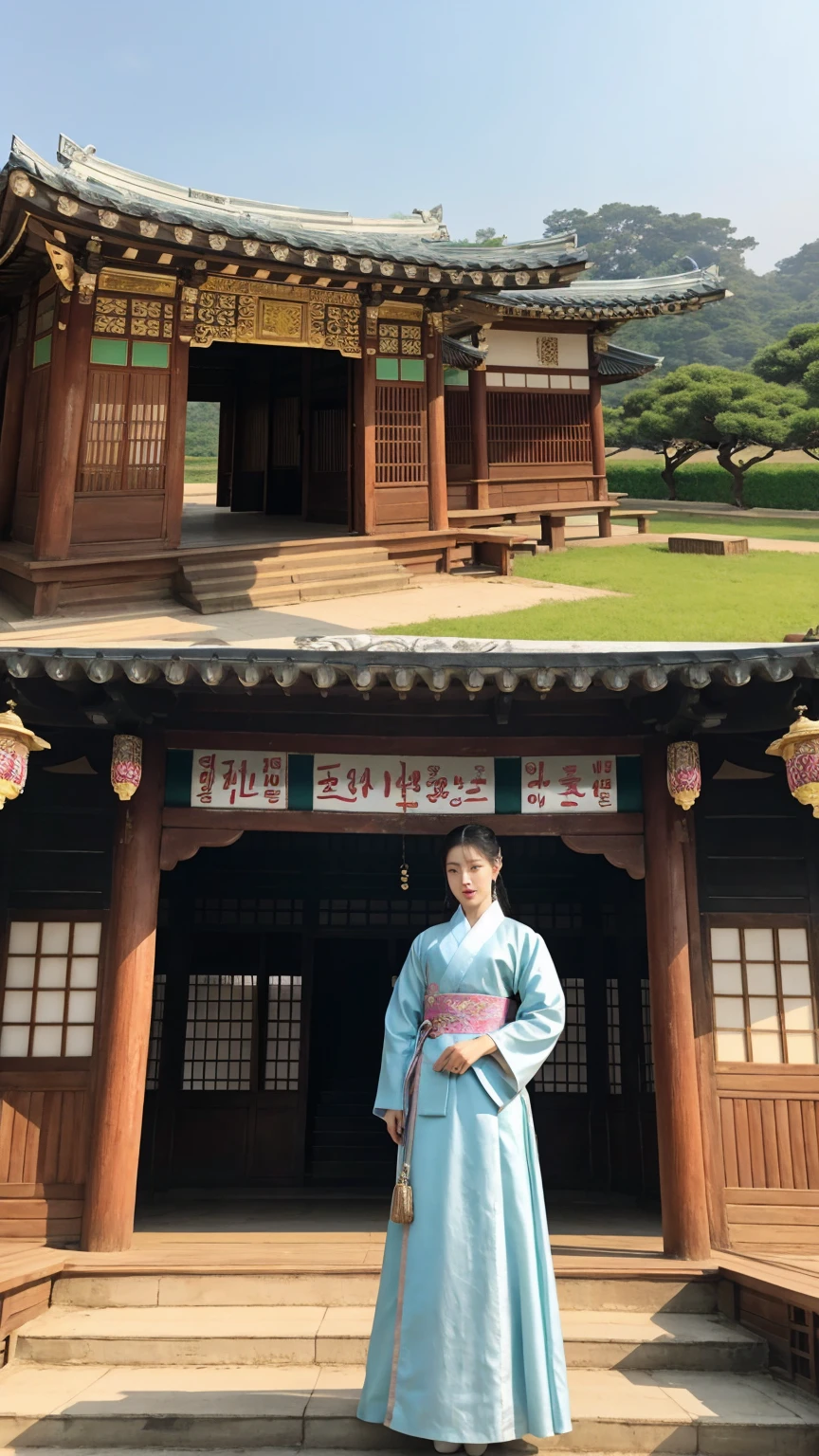 Best Picture Quality,The face is delicate,A Chinese girl dressed in Han costume stands in front of a traditional Chinese palace,The hand touches the post in front