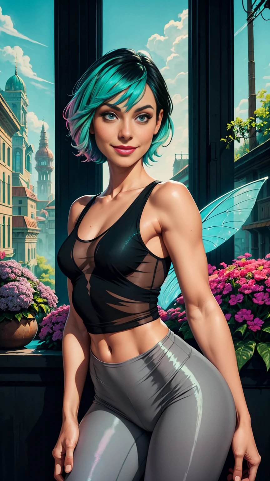 Latina, adult, pixie haircut, green hair, small insect wings on back, ((sheer thin black tank top with grey leggings)), smile, Enchanting, Vivid colors, Turquoise, Soft Coral, Fantasy world, Digital painting, Iridescent accents, Elegant, HD, Highly detailed, urban setting, Beautiful woman, Realistic face, Natural photography, Ultra HD