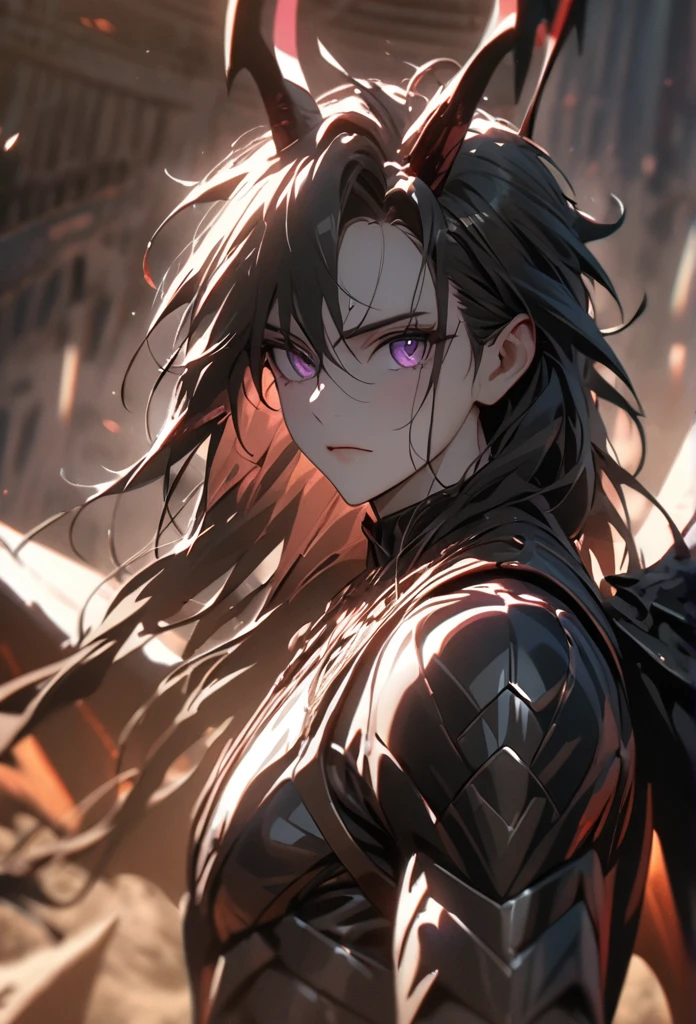 (solo), masculine, black hair, messy hair, mane hair, long hair, dense hair, wild hair, expressive hair, mature,(25 year old), pale skin, purple eyes, ((man)), wearing black armor, serious, ((black dragon horns)), Expanding his dragon wings, handsome, attractive, eye reflection, depth of field, thunder aura,cinematic lighting, ray tracing, depth of field, cinematic lighting, ray tracing, UHD, high details, best quality, highres, high quality, award winning, super detail, masterpiece, 8k, UHD, high details, best quality, highres, high quality, award winning, super detail, masterpiece, 8k, digital art, anime coloring, body shot, good face, perfect face, detailed face, good eyes, facing foward