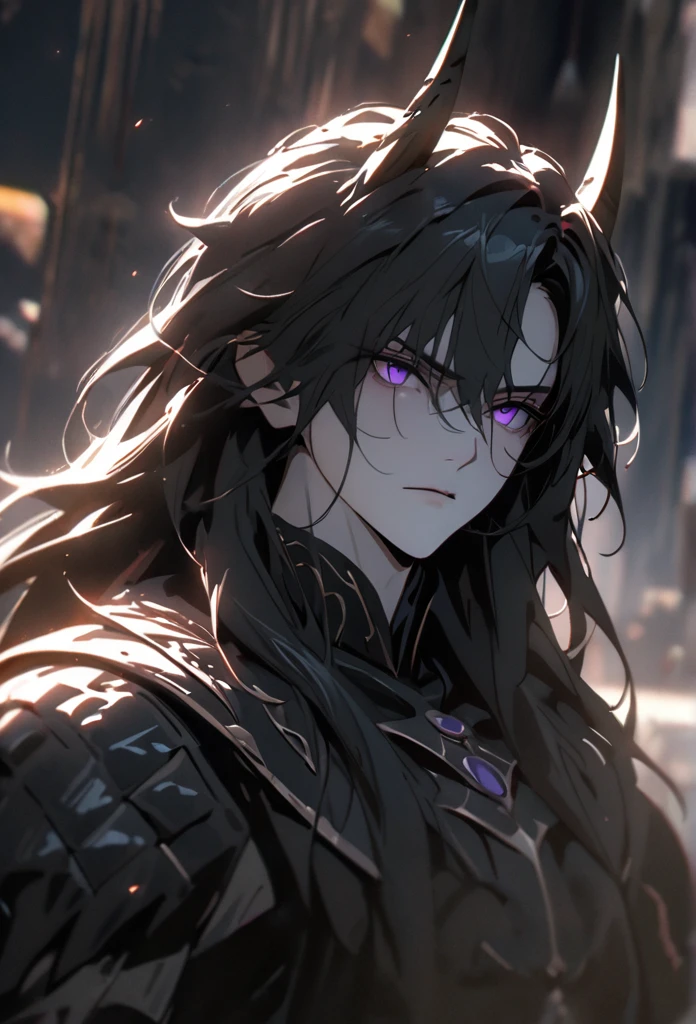 (solo), masculine, black hair, messy hair, mane hair, long hair, dense hair, wild hair, expressive hair, mature,(25 year old), pale skin, purple eyes, ((man)), wearing black armor, serious, ((black dragon horns)), Expanding his dragon wings, handsome, attractive, eye reflection, depth of field, thunder aura,cinematic lighting, ray tracing, depth of field, cinematic lighting, ray tracing, UHD, high details, best quality, highres, high quality, award winning, super detail, masterpiece, 8k, UHD, high details, best quality, highres, high quality, award winning, super detail, masterpiece, 8k, digital art, anime coloring, body shot, good face, perfect face, detailed face, good eyes, facing foward