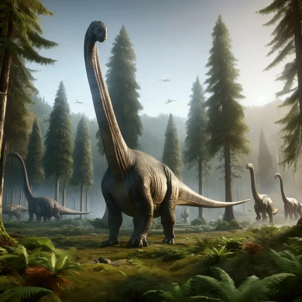 a group of dinosaurs walking through a forest with tall trees, Brachiosaurus, realistic ancient art, realistic photography ancient art, ancient art, at the time of dinosaurs, carnivore dinosaur, dinosaurs, Nacosaurus, jurassic image, dinosaur, Written by Rajmund Kanerva, Prehistoric, by Krzysztof Boguszewski