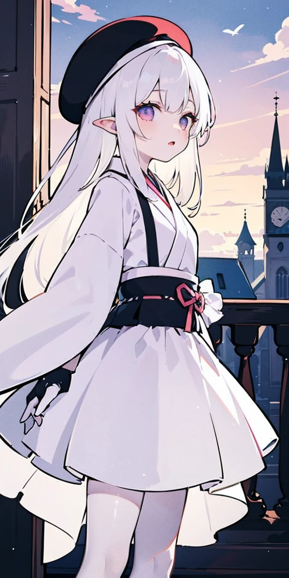 masterpiece, best quality, Fairforest, Son of a Man, Berets, Pink shawl, Pink Tunic, White pants, Brown gloves, Body, Sunset, Gothic architecture, castle, cloud, Looking at the audience, from the side, Female 1.66m white hair long hair,Fa Ka is a word consisting of two sixes.,The pupil is a white square,Iris is a color gradient。The two ears are hung with small pendants, which are six-sided and six-shaped.。There are six small ribbons on the middle.。The clothes are white and pink kimono short skirt pink Gothic Lolita clothlack butterfly-shaped ribbon tied on the chest。The left length of the white silk stockings just reaches under the skirt,Rainbow leg ring on left leg