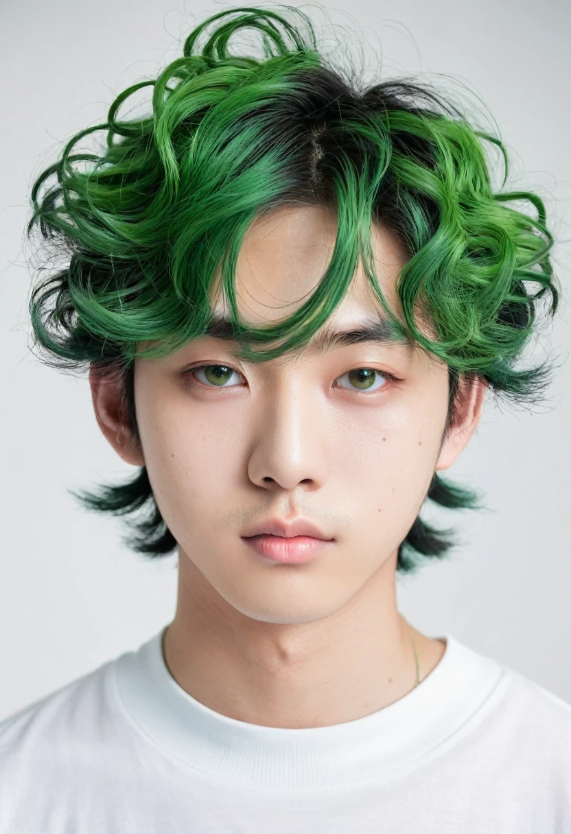 A japanese teen male model, 
Chubby cheeks, a flat nose, coarse curly verdant green hair, full eye-lashes, puffy eyelids, monolid, verdant green eyes