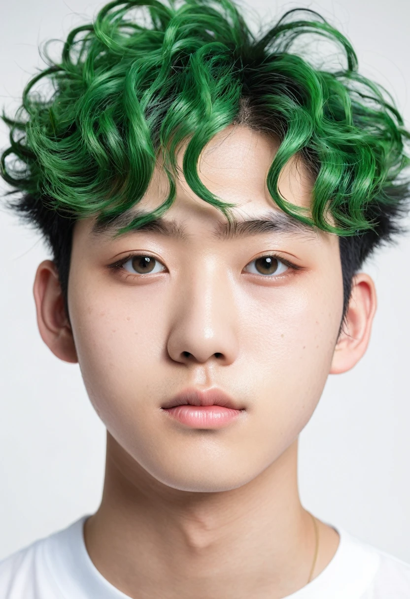 A japanese teen male model, 
Chubby cheeks, a flat nose, coarse curly verdant green hair, full eye-lashes, puffy eyelids, monolid, verdant green eyes