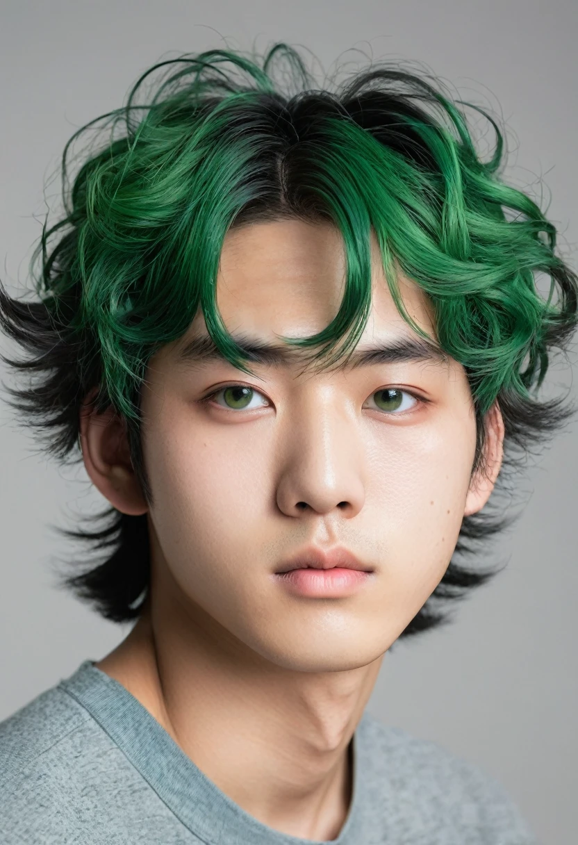 A japanese teen male model,
Chubby cheeks, a flat nose, coarse curly verdant green hair, full eye-lashes, puffy eyelids, monolid, verdant green eyes