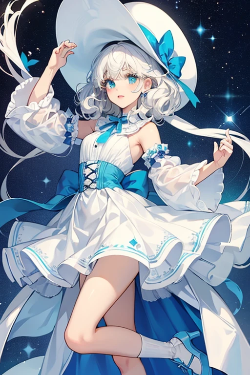 April has brown skin and curly white hair that goes past her waist. She has big blue and green eyes with white eyeshadow, and dark brown lips. Her accessories consist of a furry white cat hat.

Her outfit consists of a long white dress with a ribbon in the middle that says Na! Na! Na! all around. She wears a white pair of transparent socks. Her heels are white with blue on some of the parts to them. SPARKLE; GLITTER