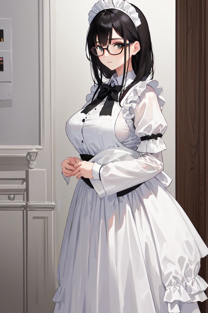 {{masterpiece}},high quality, 4K, 2D, 1 girl,{simple gray background},(attractive mature lady:1.5),milf,standing,sagging breasts,(gigantic breasts:1.5),maid,front face,{{tareme}},attractive mature lady,black hair, {from right in front of face and body},View viewers from front,{front facing shot},Wear glasses,(serious:0.1)