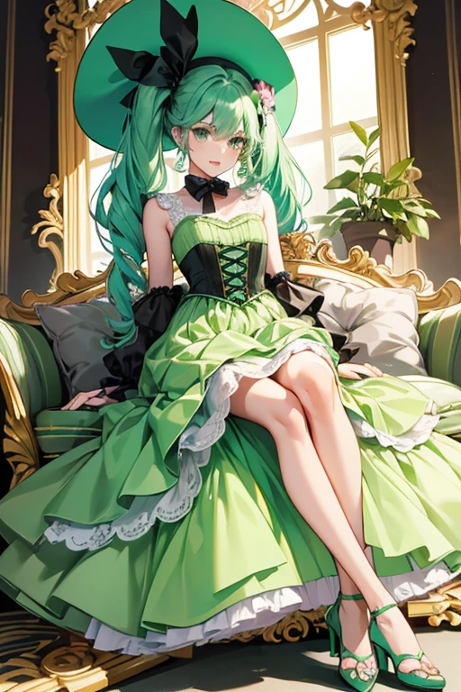 Emery Moss has fair skin and straight turquoise hair that goes past her waist styled into two low pigtails. She has big green eyes with mint color eyeshadow, and light pink lips. Her accessories consist of a furry green cat hat.

Her outfit consists of a long green dress in 3 shades of green. On the top is a black bow tied around her chest. Her Mary Jane heels are golden on the bottom with black straps on them and golden soles. SPARKLE; GLITTER