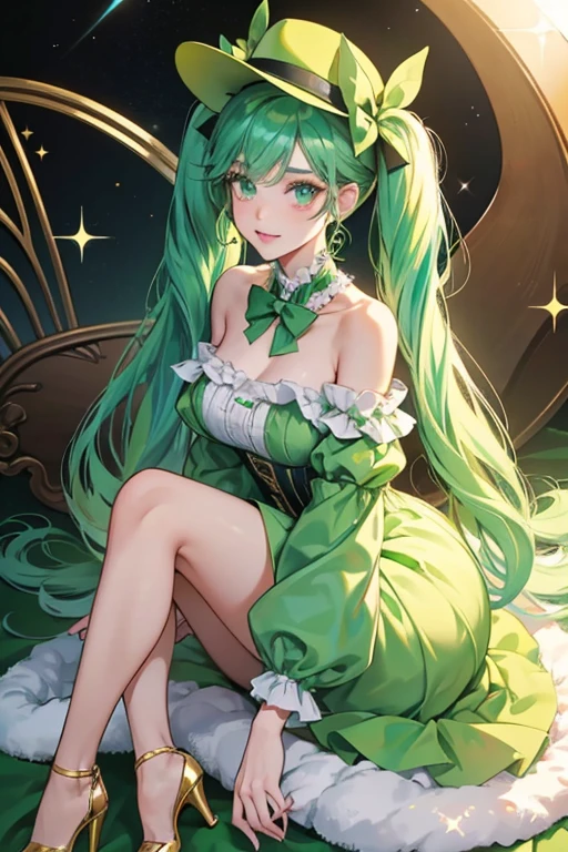 Emery Moss has fair skin and straight turquoise hair that goes past her waist styled into two low pigtails. She has big green eyes with mint color eyeshadow, and light pink lips. Her accessories consist of a furry green cat hat.

Her outfit consists of a long green dress in 3 shades of green. On the top is a black bow tied around her chest. Her Mary Jane heels are golden on the bottom with black straps on them and golden soles. SPARKLE; GLITTER