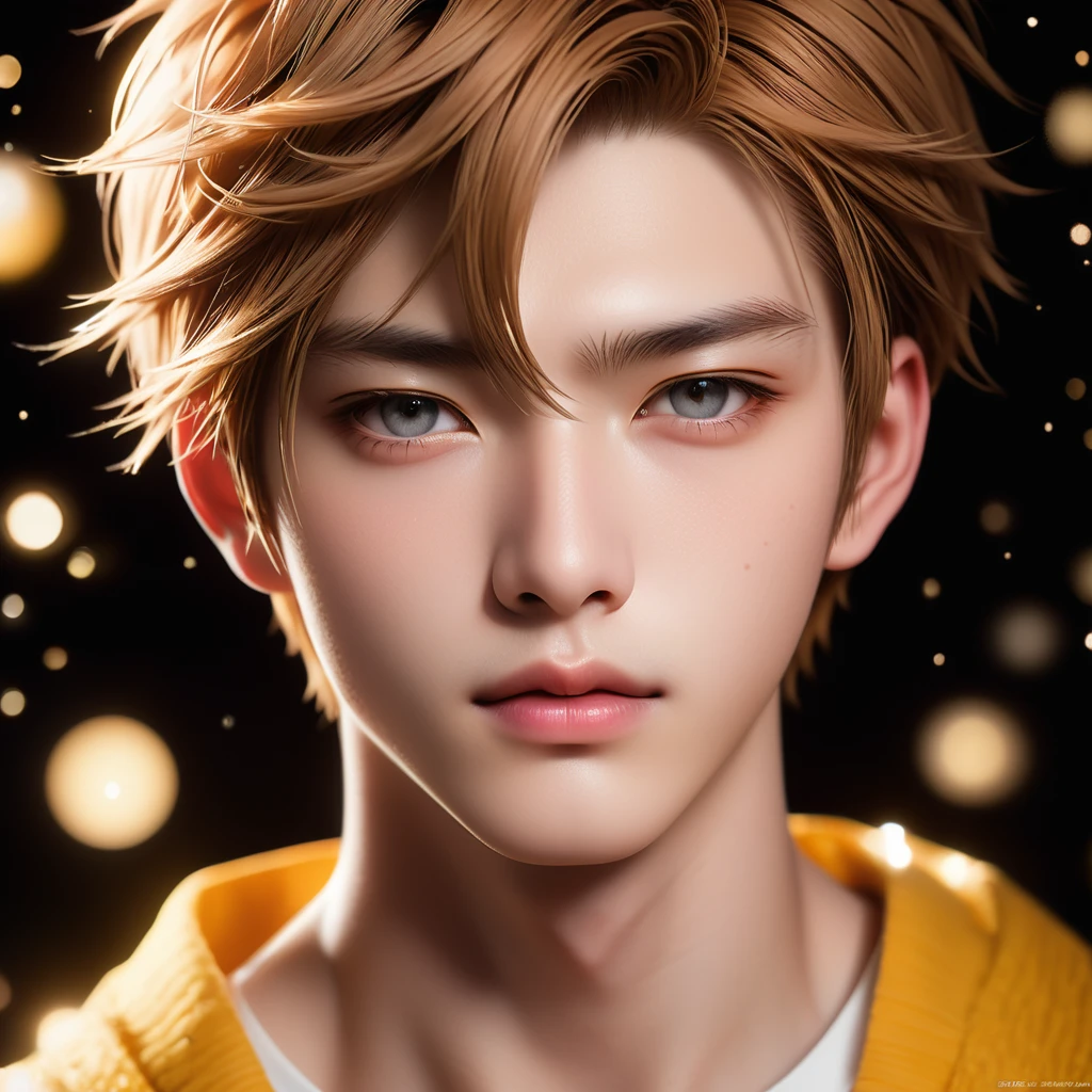 Meticulous, analog style, focus on the eyes, highest quality, (highly detailed skin), photo of very handsome pale skin Japane donghua boy, 21 years old, (caramel hair), perfect face, pore skin, (penetration:0.5), black background, (bokeh:0.6), sharp focus, grainy lighting, (backlight:0.7), film grain, photographed with Sony A7R IV camera, 18mm F/1.7 cine lens, (highly detailed, intricate detail), 8k, HDR, front view, (upper body: 0.9)