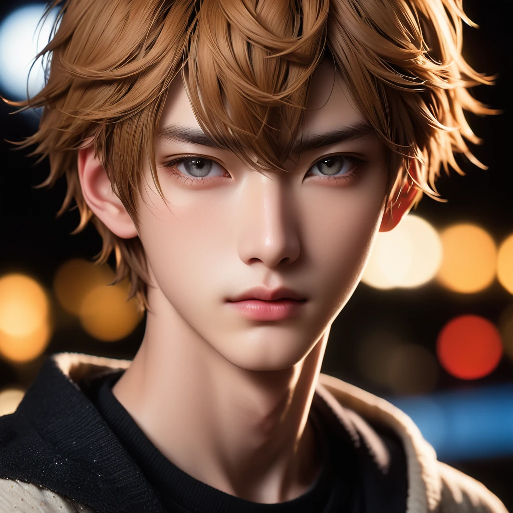 Meticulous, analog style, focus on the eyes, highest quality, (highly detailed skin), photo of very handsome pale skin Japane donghua boy, 21 years old, (caramel hair), perfect face, pore skin, (penetration:0.5), black background, (bokeh:0.6), sharp focus, grainy lighting, (backlight:0.7), film grain, photographed with Sony A7R IV camera, 18mm F/1.7 cine lens, (highly detailed, intricate detail), 8k, HDR, front view, (upper body: 0.9)