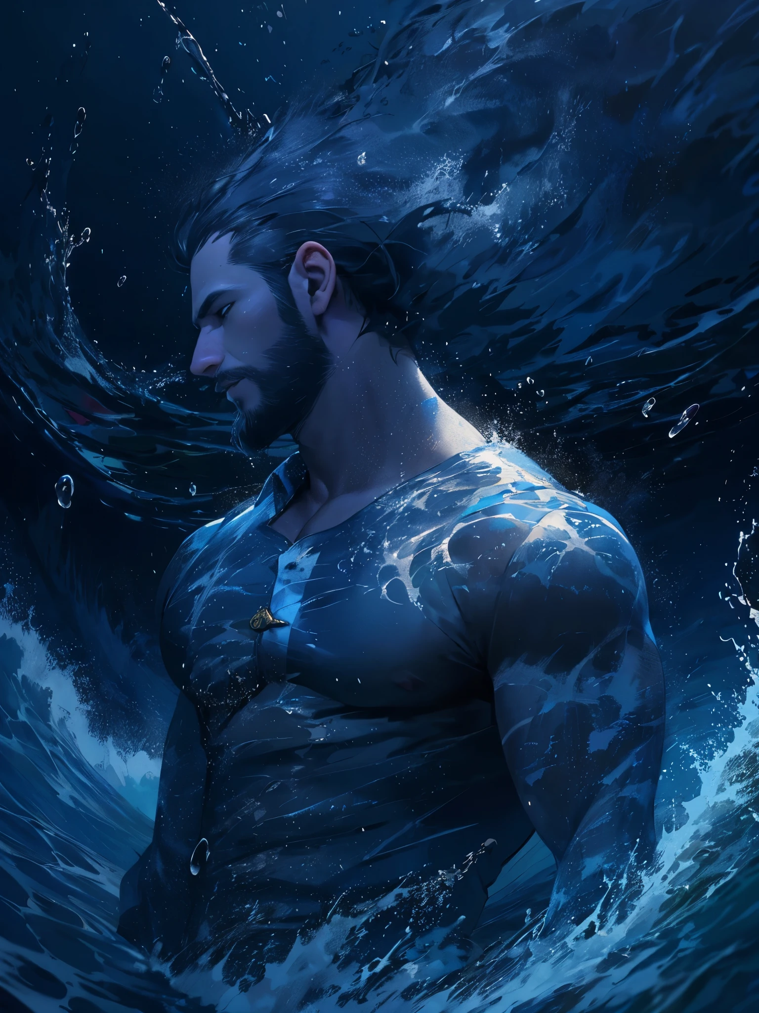 (Ocean greek god), hydromancer, muscular mature male, water magic, handsome, short beard, short hair, mystic, modern outfit, masterpiece, eye focus, best quality, anatomically correct, (((dark-blue royal shirt)), dark pants, intricate silver embroidery)), (walk on water: 1.15), water particles flying around, ocean, huge waves behind character, ((storm)), huge waves around character, night, night sky, mystic, moon, dark hair