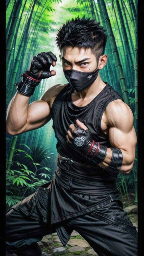 (((Cover your nose and neck with black cloth)))、Japanese men、((Sweaty armpits smell))、Crotch bulge、dutch angle、(((fighting stance)))、((Sleeveless ninja jacket))、(((Ninja Pants)))、(((Ninja Tabi)))(Arm tattoo)、Muscular、(Glowering look、looking at viewer、big eyes、furious)、((Bamboo grove)、sidecut Spiky hair、16 years old、((full body))、 Detailed Background, The finer details、Real、3K、Highest quality