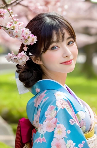 (Light makeup)、(top-quality,​masterpiece:1.3,超A high resolution,),(Ultra-detail,Caustics),(Photorealsitic:1.4,RAW shooting,)Ultra-realistic capture,（32ｋ,high detal,high-detail、​masterpiece,Attention to detail,full body Esbian,solo,Lori：1.6),Raw photo & realistic atmosphere,beautiful dark blue eyes,Detailed mouth,Glossy lips,Detailed eyebrows,Eyes drawn in detail with soft white skin that shines with every detail)、、 (Skin texture is natural、、The skin looks healthy with an even tone、 Use natural light and color, japanese, A dark-haired, long hair,(depth of fields、realisitic、8K UHD、hight resolution、(1girl in:1.2)、The ultra-detailliert、High quality textures、very detailed CG、High quality shadows, A dark-haired、Kyo-Yuzen, Kimono、park background , (Super cute face in idol style:1.4)、slim and beautiful figure、beutiful breast、A smile、full body Esbian:1.2、raining day, wet background,  a Japanese woman in kimono, 20 years old, standing under a sakura tree, standing beside flower,