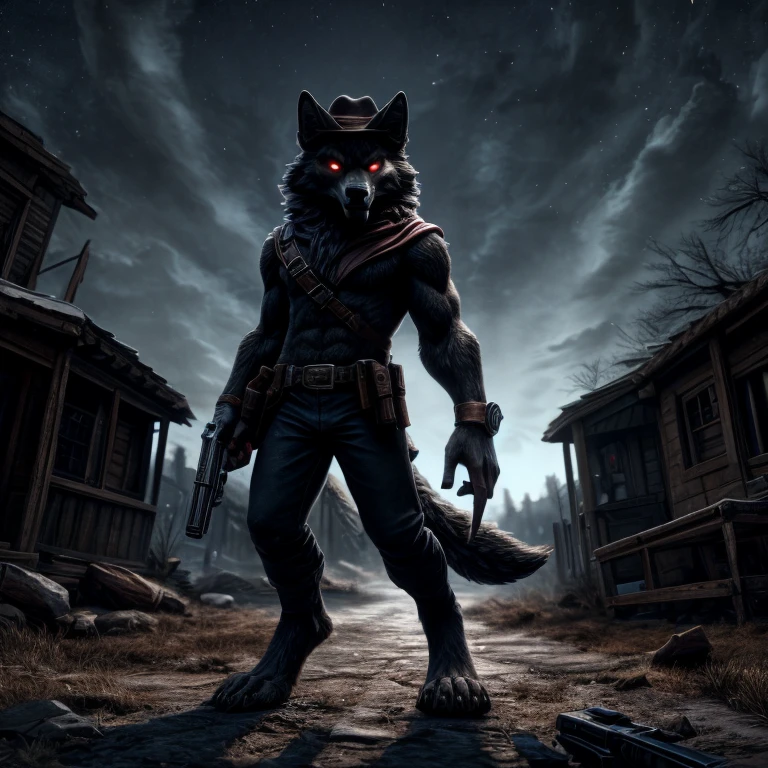 (((Barefoot furry character, full body, cinematic setting, furry male, plantigrade)))
portrait, ((mysterious stranger black long fur wolf gunslinger)), ((holding smoking gun)), ((holding revolver)), abandoned town, alone ,strange, surreal, desolate, ghostly, eerie, , solitude, short red cloak,red glowing eyes, fantastical, dangerous,night sky,red sky, cinematic lighting, volumetric lighting, Film grain, cinematic film still, shallow depth of field, highly detailed, (western atmosphere), black cowboy hat
BREAK, intricate details, highly detailed, extreme detail, octane render, fine art, best quality, highres, (detailed face:1.5), ((full_body)), UHD, (((perfect hands))), low light