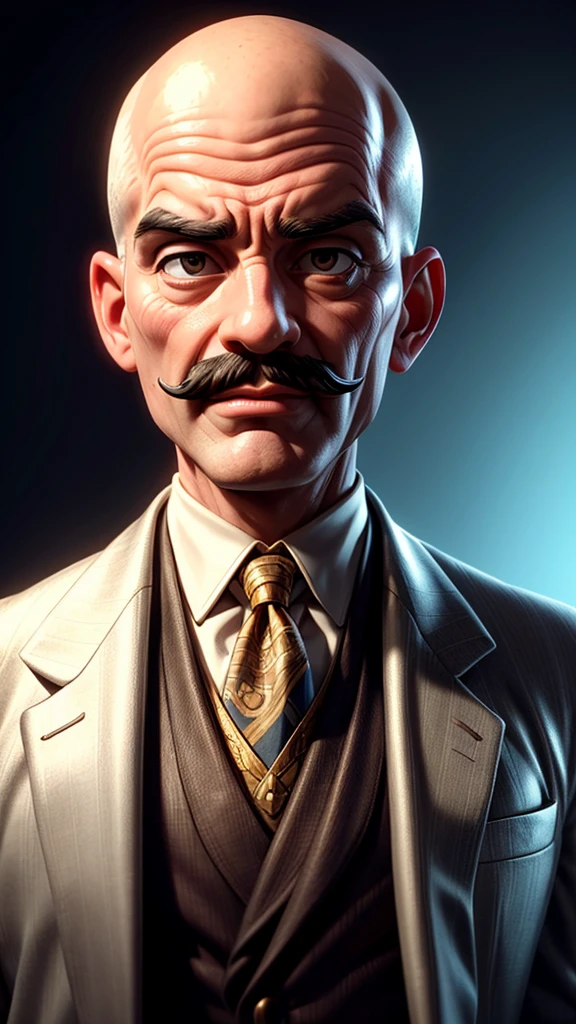 a sophisticated well-dressed man, Hercule Poirot, stroking his small mustache, confident expression, bald head, detailed portrait, elegant suit, high quality, photorealistic, 8k, extremely detailed, cinematic lighting, dramatic shadows, warm color tones