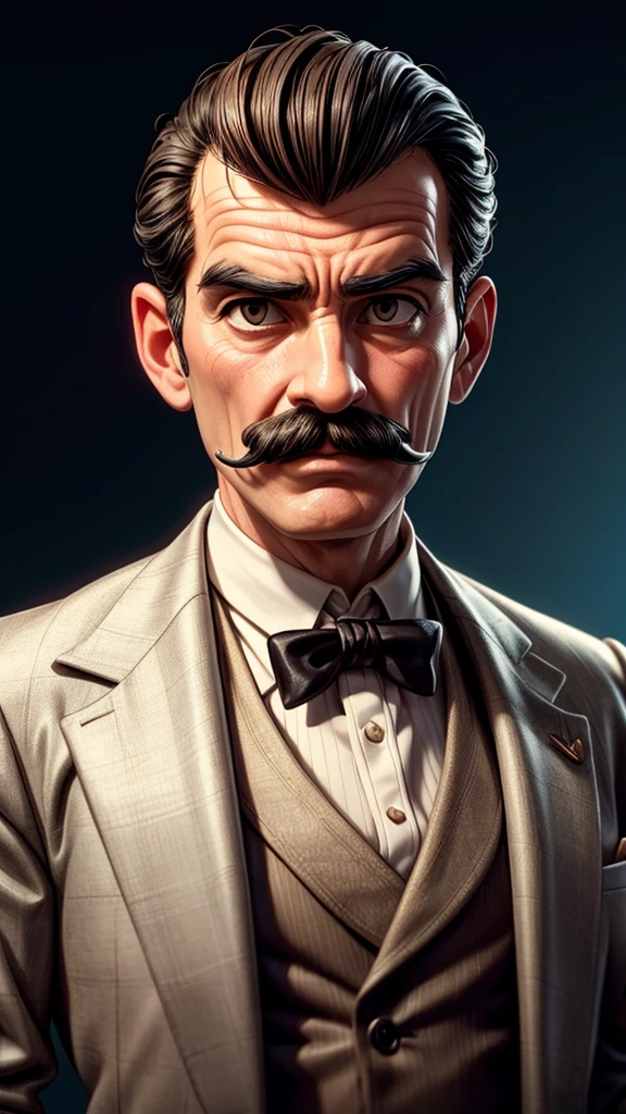 a sophisticated well-dressed man, Hercule Poirot, stroking his small mustache, confident expression, bald head, detailed portrait, elegant suit, high quality, photorealistic, 8k, extremely detailed, cinematic lighting, dramatic shadows, warm color tones