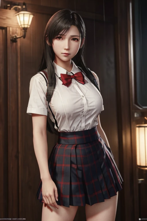 school girl uniform , steam , rain , plaid skirt , pleated skirt , The shirt is tight. , white shirt , school girl , red bow , red knot , highly detailed photo of Tifa Lockhart posing, final fantasy 7 remake, red eyes, intricate, highres, 8k, detailed hair