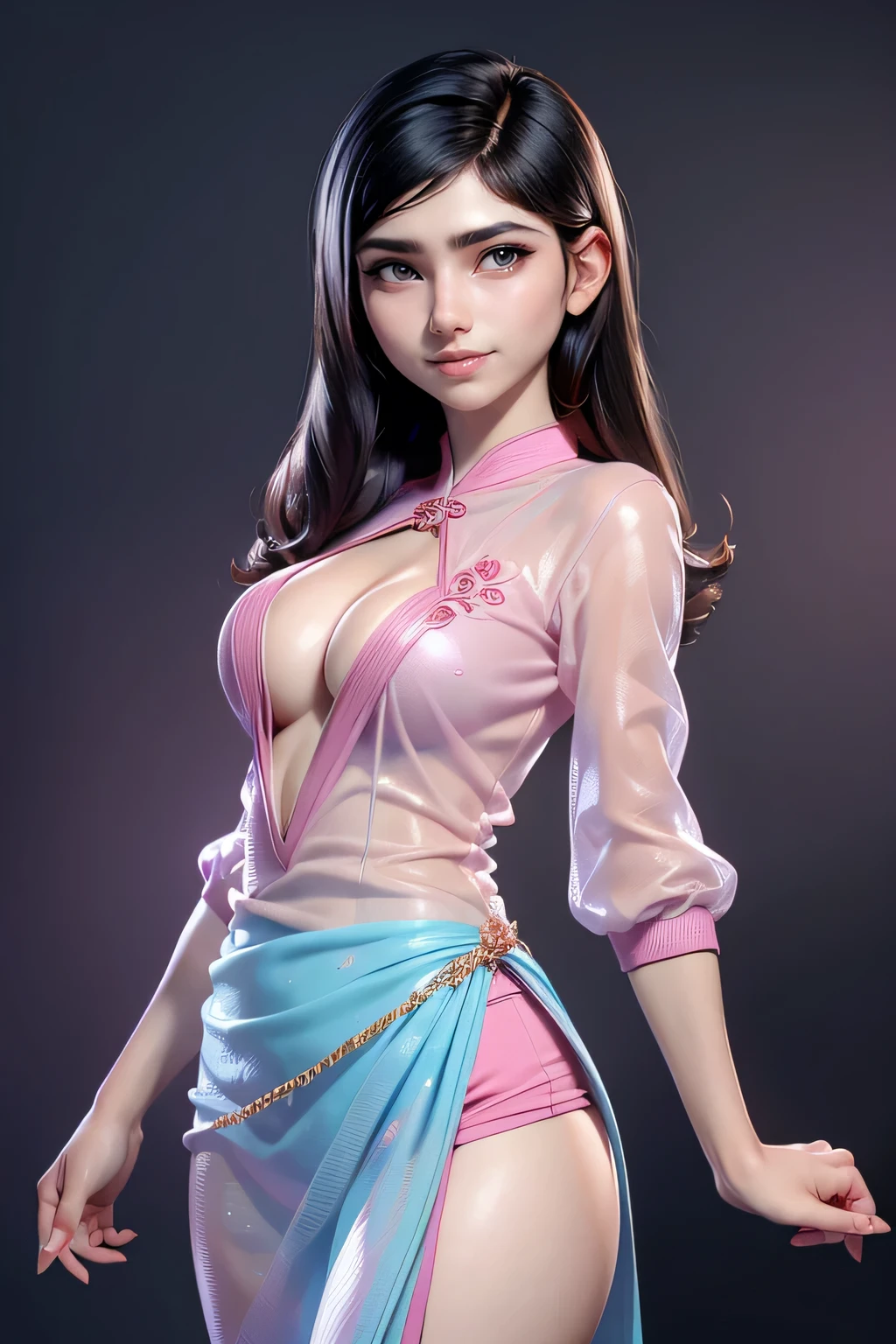 (Best Quality:1.4),(shiny skin), body focus, (cute face), (((Best Quality))), illustration, ((beautiful Finger)), , beautiful body, beautiful character design, ,perfect lighting, showy, bright_Forehead_face_Turning on, ultra high resolution, high resolution, absurdities:1.2, bokeh:1.2, Lens flare, (Vibrant_Color:1.2), (beautiful, medium breasts:1.2), (muslos thicks:1.1), thick,
By the chestnut, blue eyes, clear skin,wearing indonesian kebaya, confident expression, thin eyebrows, pink lips, medium black hair, Wide nose, marks on cheeks, small eyes,