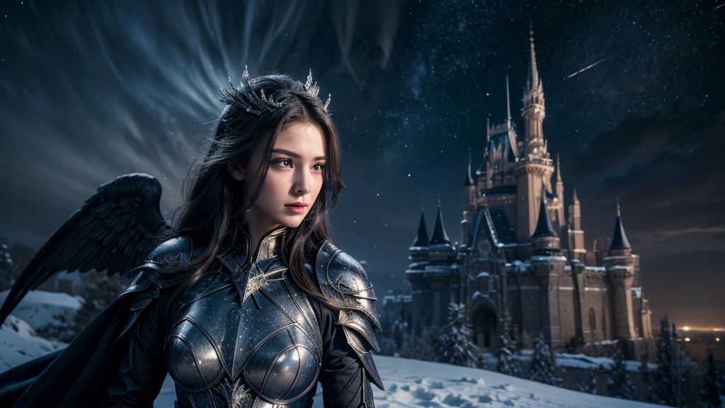 masterpiece, rest, best quality, Very detailed, Super real, 16K, high resolution, castle，snow, ((Starry Sky)),Female Mage，Gorgeous armor，Complex Mode，Pretty Face，Closed mouth，dramatic，Half-length photo，Glowing scepter，Black Wings