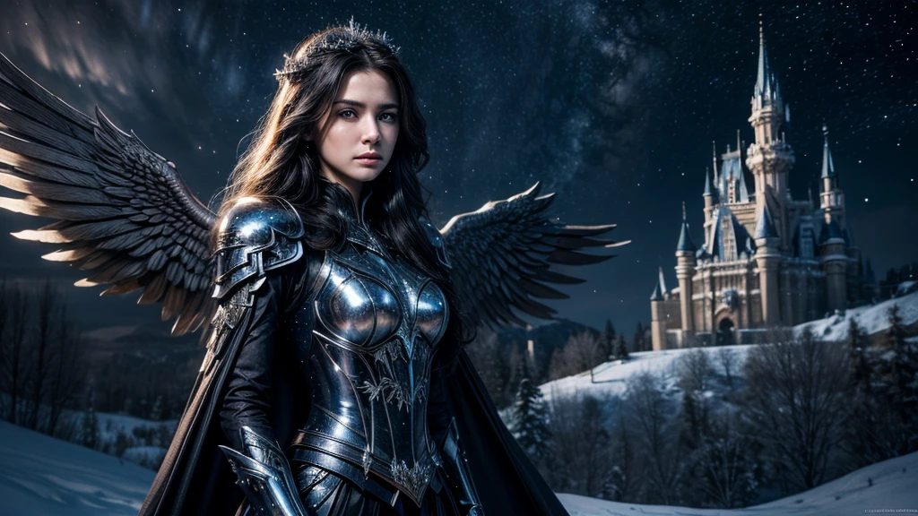 masterpiece, rest, best quality, Very detailed, Super real, 16K, high resolution, castle，snow, ((Starry Sky)),Female Mage，Gorgeous armor，Complex Mode，Pretty Face，Closed mouth，dramatic，Half-length photo，Glowing scepter，Black Wings