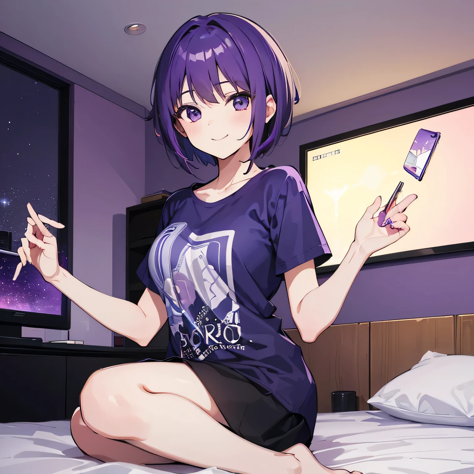 (T Masterpiece，4K wallpaper，Best Quality))、((girl１people))、(solo)、Bright and Brilliant，(Purple Hair)、(short hair:1.3)、smile、Bedroom、T-Shirts、night