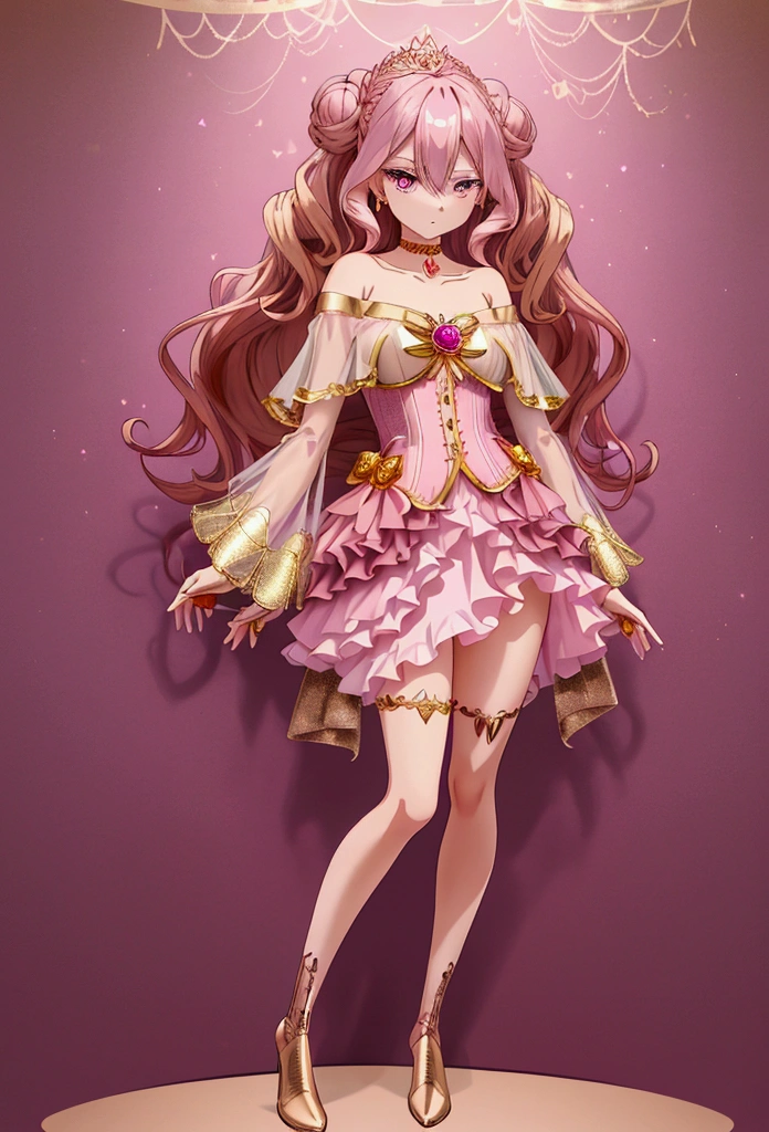 Create an anime-style girl with (((deep magenta eyes and long, wavy pink hair))) ((styled in an elegant frenchbraid)). (((She is slender, and  with small breasts))). ((Ensure a full-body shot of her)) wearing a (((magical girl-themed outfit.))) ((The outfit features a fitted bodice with a sweetheart neckline, gold embroidery, and pastel pink accents. The bodice has delicate rose gold spider web patterns. She wears a multi-layered knee-length skirt with a high-low hemline, the outermost layer sheer with gold and rose gold spider web patterns. She has off-the-shoulder puff sleeves, arm-length pastel pink gloves with gold trim, and a gold choker with a red gemstone. The outfit includes a short, detachable sheer cape with rose gold spider web patterns and is fastened with gold brooches. She wears pastel pink ankle boots with gold heels and rose gold laces. Accessories include a gold tiara with a red gemstone and gold spider-shaped hairpins.)) The overall look is regal and ethereal, with magical glowing effects. cutesexy, purinpuon pixiv, no future, a hyperrealistic , hyperrealistic , realistic , seductive (anime girl), smooth anime cg art, beautiful alluring anime teen, (purinpuon pixiv), ((magical girl)), (masterpiece), best quality, expressive eyes, perfect face ((Highest quality))、((8K))、(((8k wallpaper))) ((Full Body Shot: 1.5))、ultra detailed, masterpiece, best quality, solo ((purinpuon pixiv, no future)) (((purinpuon pixiv, no future)))