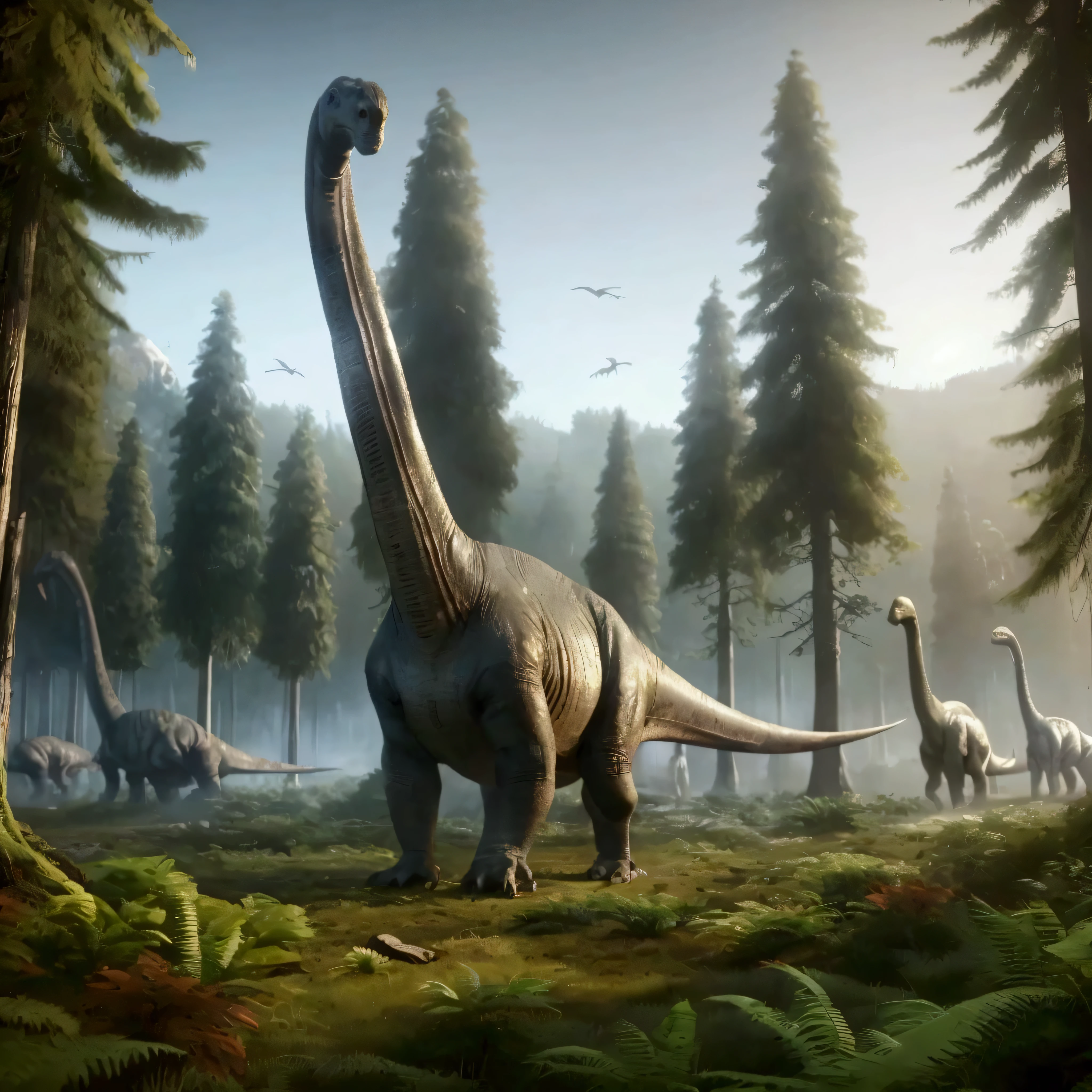 a group of dinosaurs walking through a forest with tall trees, Brachiosaurus, realistic ancient art, realistic photography ancient art, ancient art, at the time of dinosaurs, carnivore dinosaur, dinosaurs, Nacosaurus, jurassic image, dinosaur, Written by Rajmund Kanerva, Prehistoric, by Krzysztof Boguszewski