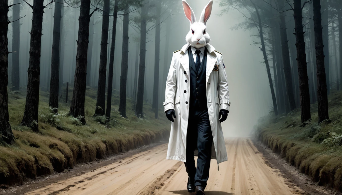 Full body painting of a man with a white rabbit head in a white trench coat, russ mills, by Ben Templesmith, inspired by Santiago Caruso, inspired by ashley wood, ashley wood illustration, from the sandman netflix show, stern looking rabbit in a lab coat, inspired by Stephen Gammell, eric lacombe, shawn coss, stephen gammell style, inspirational artwork, big bulging bloodshot rabbit eyes, The rabbit man looks old but strong almost like an old military veteran, He is walking on a dirt road in the forest.