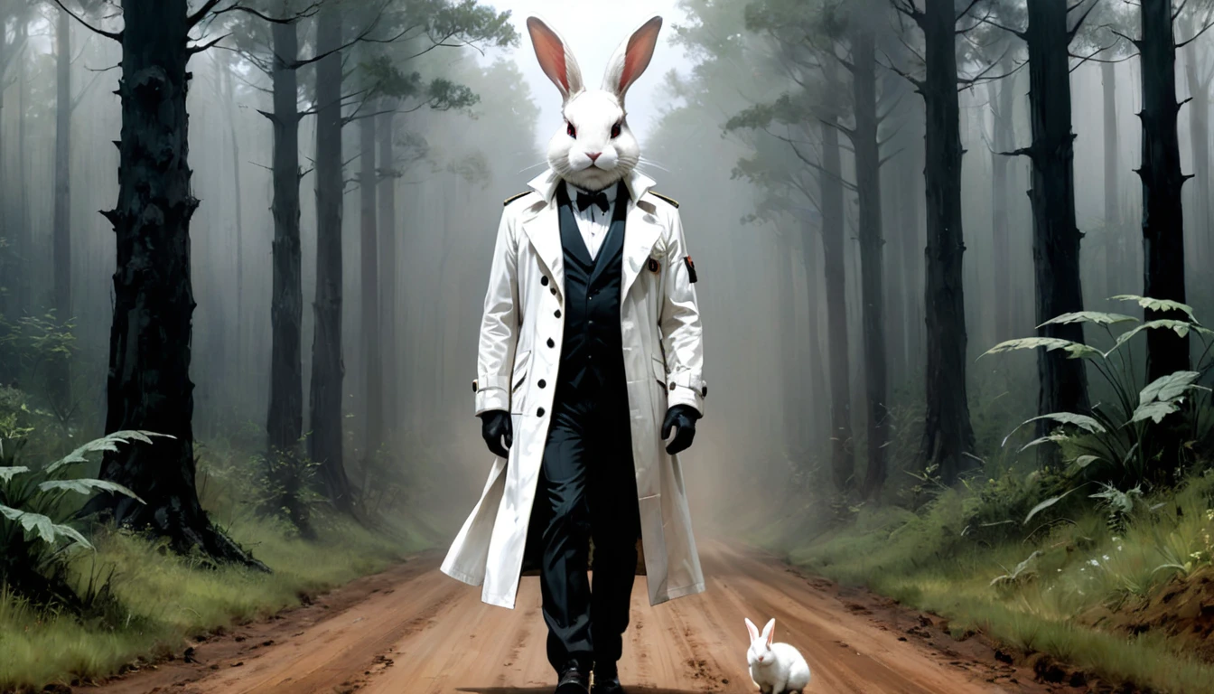 Full body painting of a man with a white rabbit head in a white trench coat, russ mills, by Ben Templesmith, inspired by Santiago Caruso, inspired by ashley wood, ashley wood illustration, from the sandman netflix show, stern looking rabbit in a lab coat, inspired by Stephen Gammell, eric lacombe, shawn coss, stephen gammell style, inspirational artwork, big bulging bloodshot rabbit eyes, The rabbit man looks old but strong almost like an old military veteran, He is walking on a dirt road in the forest.