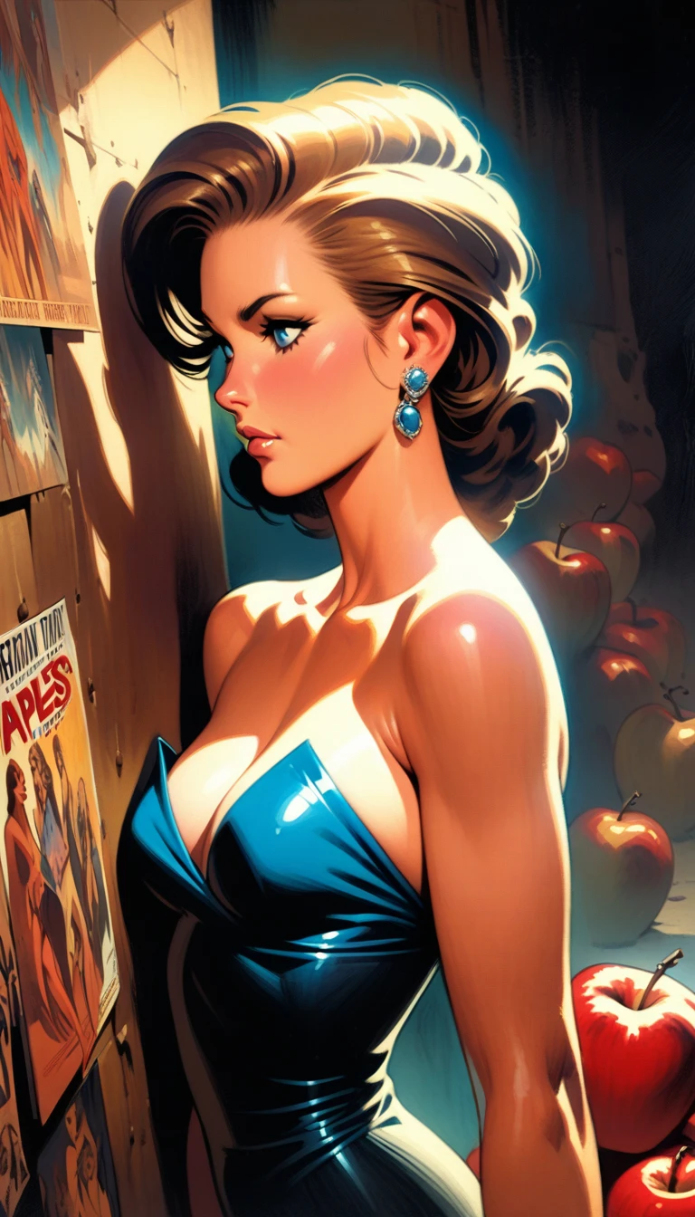((best quality)) , ((masterpiece)) , (detailed),illustration art by Dave Stevens and Lillian Bassman, Graceful (Man:1.2) , Multicolor hair styled as Caesar cut, Comic books, graphic novels, retro style, pin-up art, Fashion and art,elegant and sophisticated, innovative use of light and shadow, capturing the glamour of mid-20th century fashion, portrait art by Mary Cassatt, glossy, ambient, Complex, full color, fine artistic composition, enchanted,(((Lots and lots of apples)))