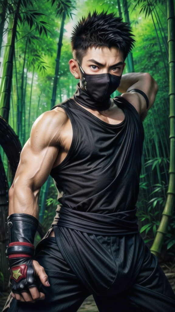 (((Cover your nose and neck with black cloth)))、Japanese men、((Sweaty armpits smell))、Crotch bulge、dutch angle、(((fighting stance)))、((Sleeveless ninja jacket))、(((Ninja Pants)))、(((Ninja Tabi)))(Arm tattoo)、Muscular、(Glowering look、looking at viewer、big eyes、furious)、((Bamboo grove)、sidecut Spiky hair、、((full body))、 Detailed Background, The finer details、Real、3K、Highest quality