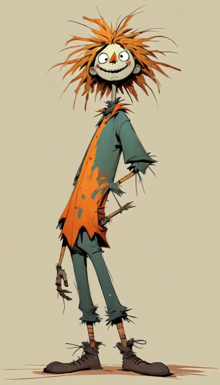(((Exaggerated digital character sketches:1.37))).(1 Scarecrow,(Exaggerated expression,Exaggerated hairstyle),Messy hair),(Black sketch lines,Loose brushstrokes create the outline,Cartoon Style. Bright colors and simplified lines, sketch)。(Exaggerated body movements,Long legs),(Dichotomous composition)