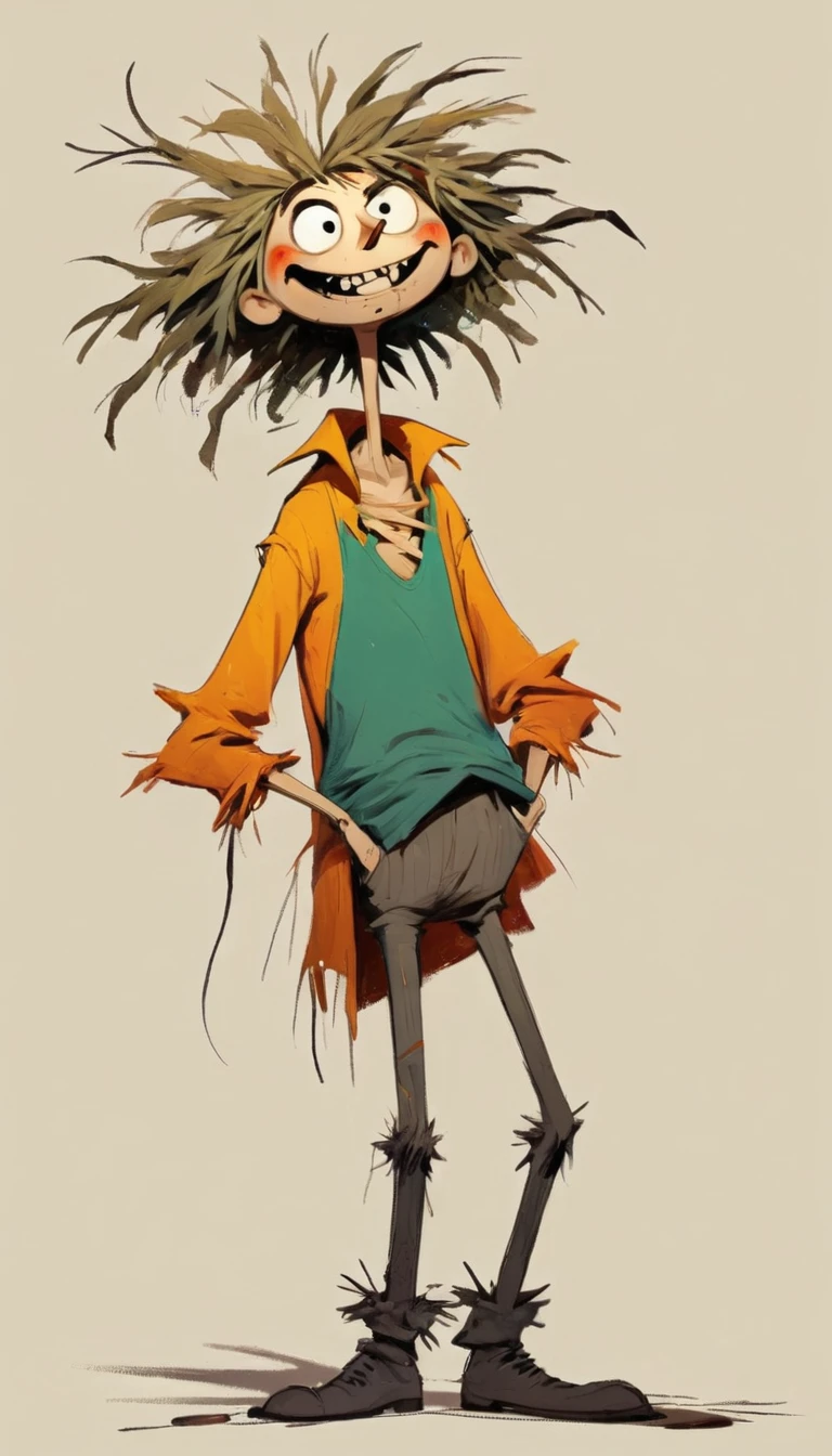 (((Exaggerated digital character sketches:1.37))).(1 Scarecrow,(Exaggerated expression,Exaggerated hairstyle),Messy hair),(Black sketch lines,Loose brushstrokes create the outline,Cartoon Style. Bright colors and simplified lines, sketch)。(Exaggerated body movements,Long legs),(Dichotomous composition)