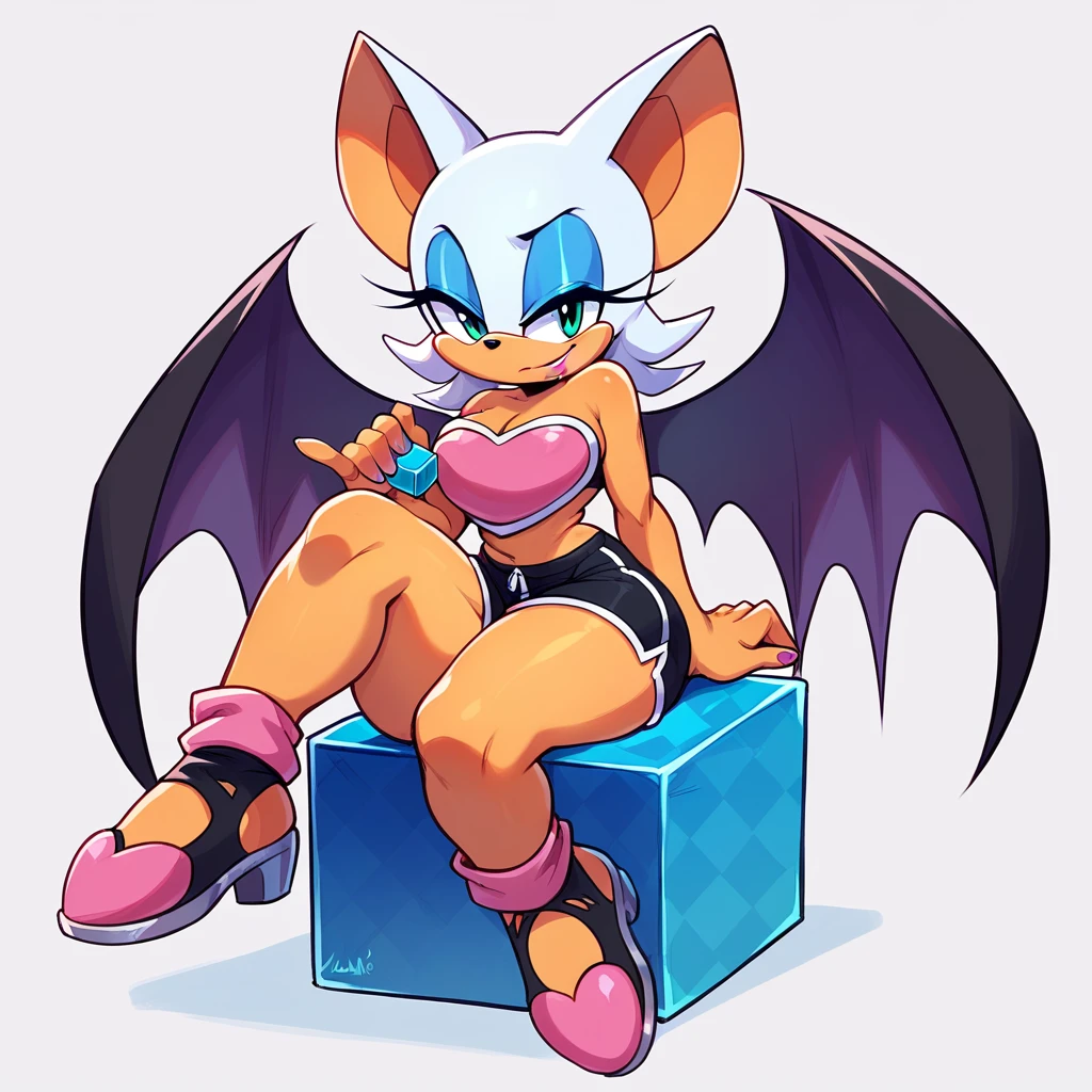 Rouge the bat, wearing black shorts, has a robotic body, sitting on a cube, sitting on crossed legs, has thick thighs, jinks at the viewer.