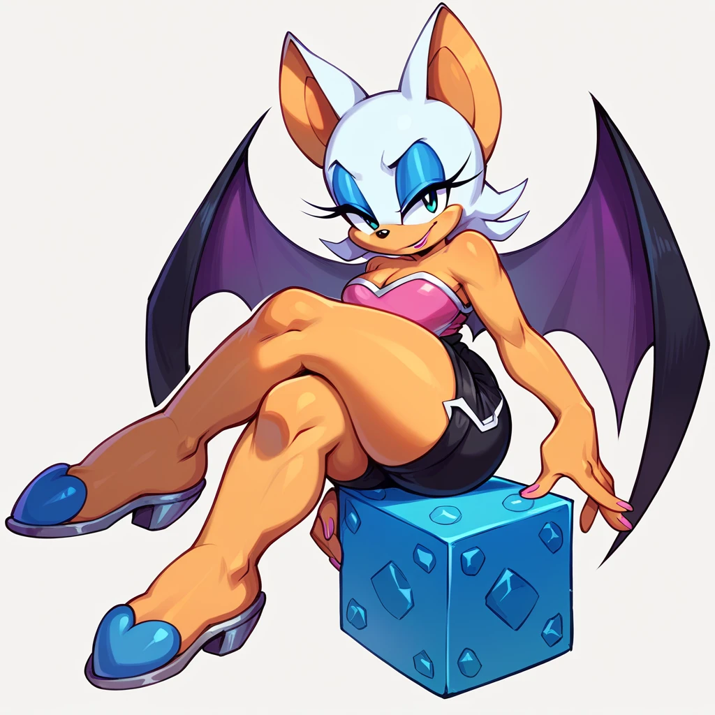 Rouge the bat, wearing black shorts, has a robotic body, sitting on a cube, sitting on crossed legs, has thick thighs, jinks at the viewer.