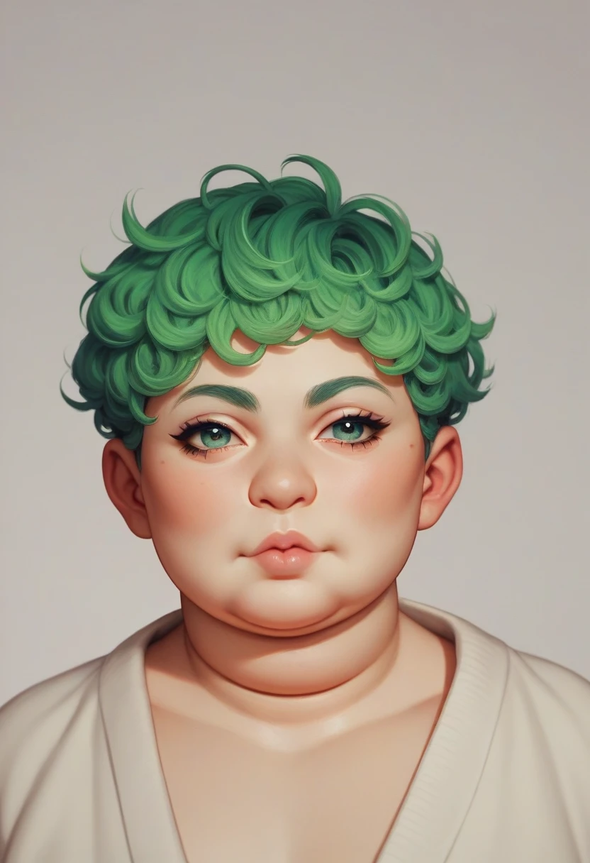 A japanese teen male model, 
Chubby cheeks, a flat nose, coarse curly verdant green hair, full eye-lashes, puffy eyelids, monolid, verdant green eyes