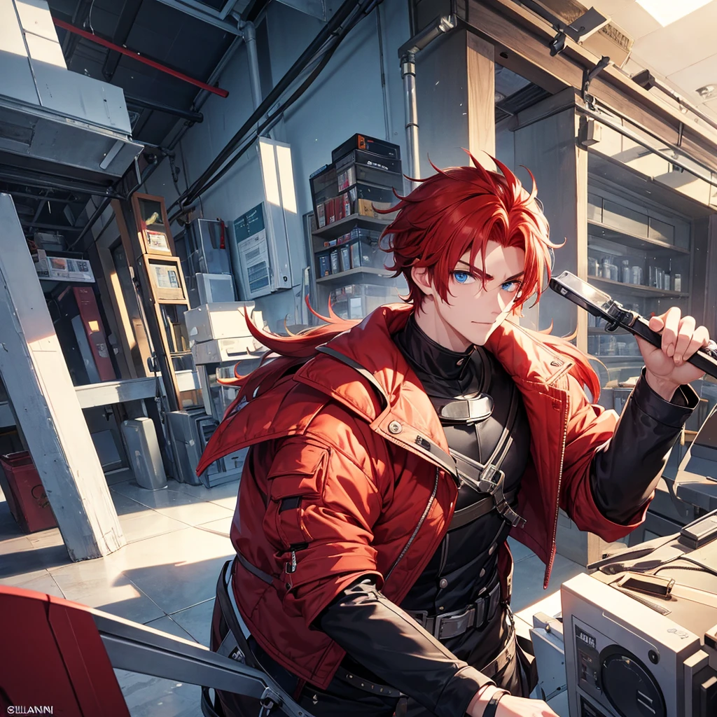 Male, 23 years old, 183cm tall, good-looking, messy red hair, blue eyes, slanted eyebrows, manly, inventor, goggles