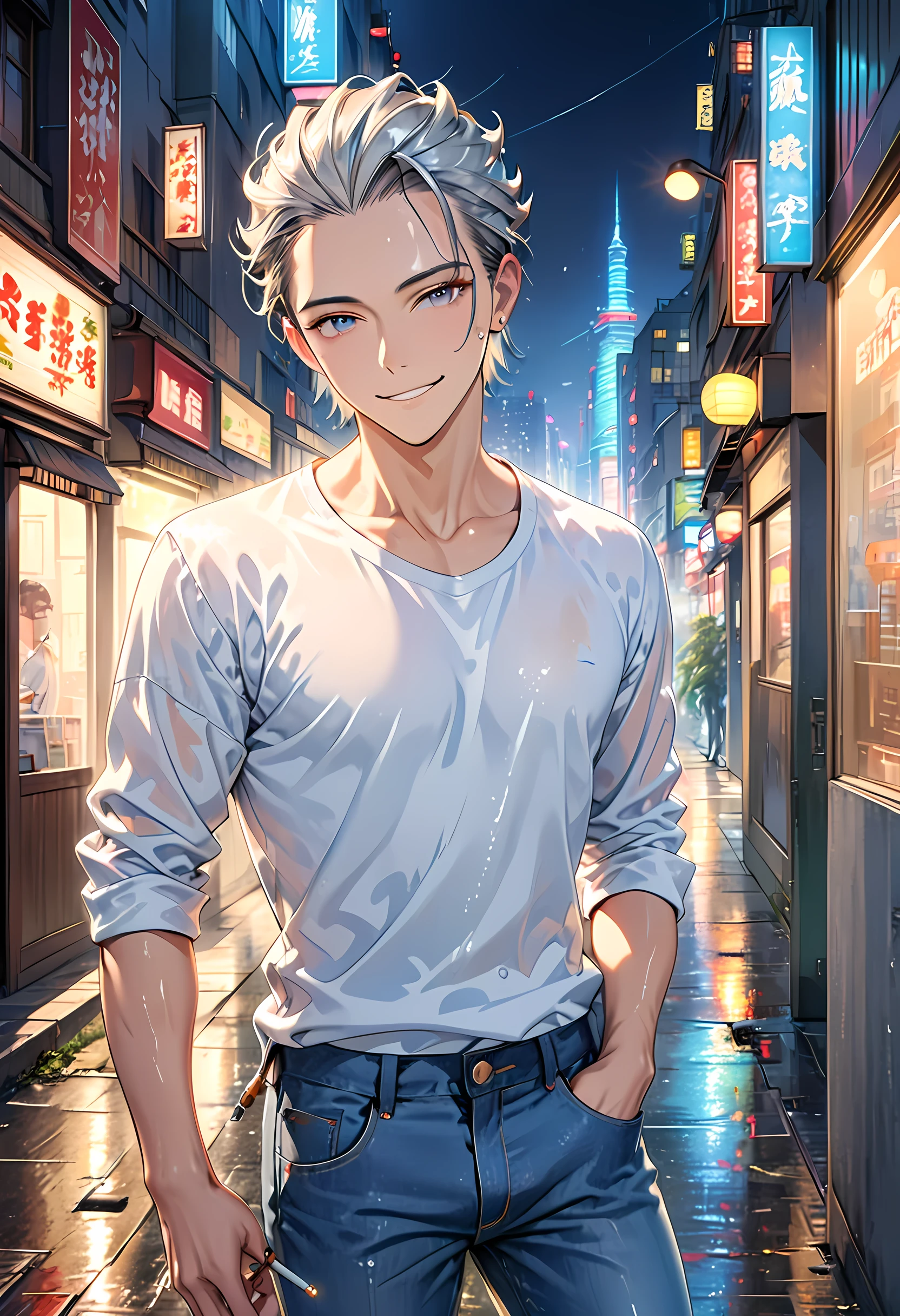
"Create an image of a handsome, slim counselor without a beard. He is wearing a suit, with a white T-shirt, jeans, and boots. He has short, slicked-back, silver, expressive, wet, and shiny hair. The background is a neon-lit city at night. He has a cheerful mood and a wry smile, with a calm, piercing gaze. He is holding a cigarette. He is either leaning against a wall or walking. Surrealism, Conceptual art, cowboy shot, lens flare, 8k, super detail, UHD, masterpiece, anatomically correct, textured skin, super detail, high details, high quality, award-winning, best quality, highres."