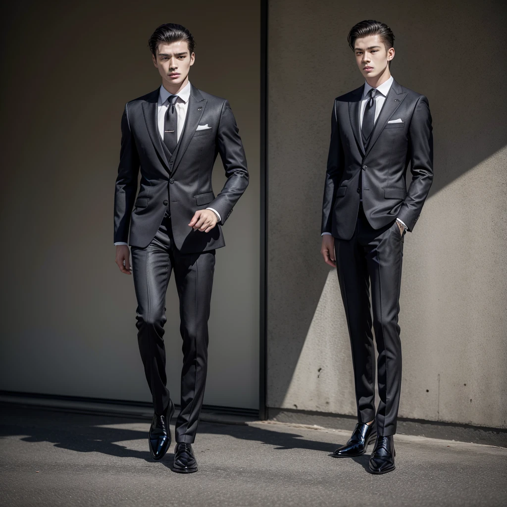 Man 1.83 meters. Elegant brand suit black shoes elegant very elegant. muscular. daylight.