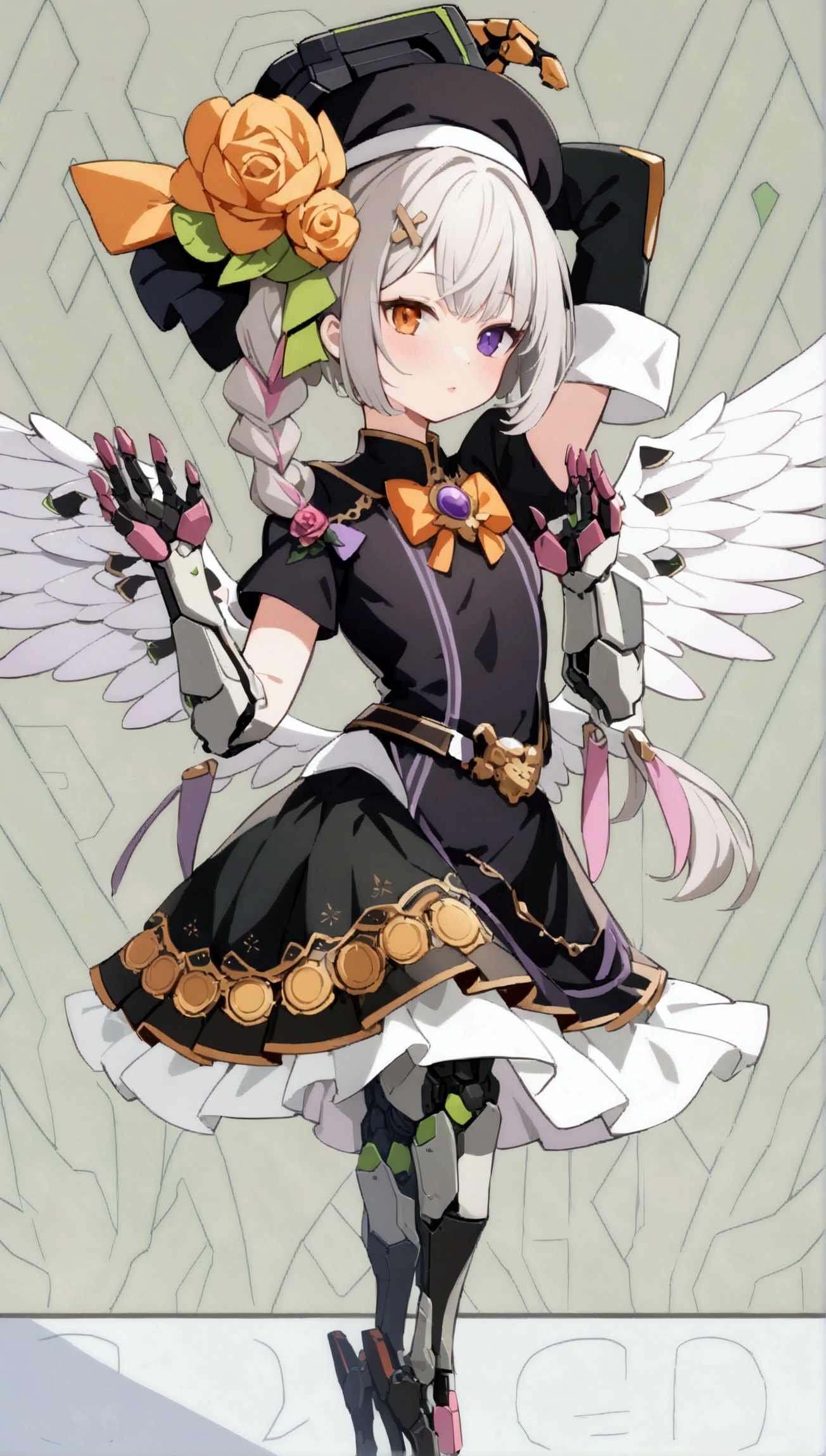 woman 165cm tall, slim build, , charming look, ((heterocromia: look like, derecho naranja y look like izquierdo violeta)), (Shoulder Length Wavy Gray Hair, a short braid on the left side of the hair, big open bangs, golden gear hairpin in hair), (((complex mechanical legs up to the hip, The legs are black with gray parts with small pink details))), (((complex mechanical arms up to the elbows, The arms are black with gray parts with small pink details))), (complex white mechanical angel wings with pastel green parts), (elegant black French beret with an orange rose ribbon), (elegant thigh-length one-piece dress, short bell skirt with small gear details, short sleeves, elegant black hip belt with orange parts, small rose brooch in the middle of the bust, beautiful mechanical stiletto heels), (((character design sheet: Front view))), (((Whole body))), extremely detailed beautiful hair, beautiful detailed dress, extremely detailed arms, extremely detailed face, (Extremely detailed hands), perfect hands, small face, hermosos look likes detallados, beautiful detailed lips, adorable, extremely detailed legs, (Best Quality, 8k, ultra resolution), ultra detailed, Exquisite and epic character art, (Pastel brown background), (Focus on symmetry), (extremely detailed wings), toma de Whole body.