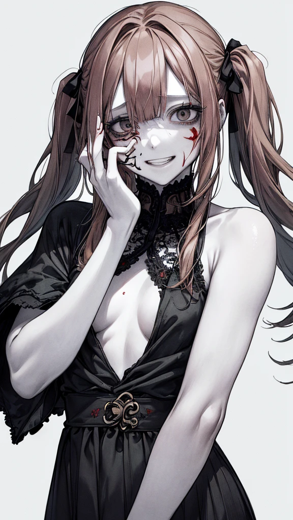 (masterpiece:1.2, Highest quality), (Actual Photos, Intricate details), (1 female, alone,whole body、Small breasts) ,Scary atmosphere、Distorted facial expressions、Blood splatter、Cuts on the face、burns on the face、whole body、Punk Fashion、Long Hair、Long Bangs、Twin tails、Black Hair、(((Dark circles under the eyes)))、Pale skin、Feeling unwell、Pathological、Wicked Smile、Crazy Eyes、(Grin)Dramatic makeup,Create mixed media art、White Background