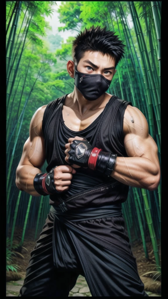 (((Cover your nose and neck with black cloth)))、Japanese men、((Sweating profusely))、Crotch bulge、dutch angle、(((fighting stance)))、((Sleeveless ninja jacket))、(((Ninja Pants)))、(((Ninja Tabi)))(Arm tattoo)、Muscular、(Glowering look、looking at viewer、big eyes、furious)、((Bamboo grove)、sidecut Spiky hair、、((full body))、 Detailed Background, The finer details、Real、3K、Highest quality