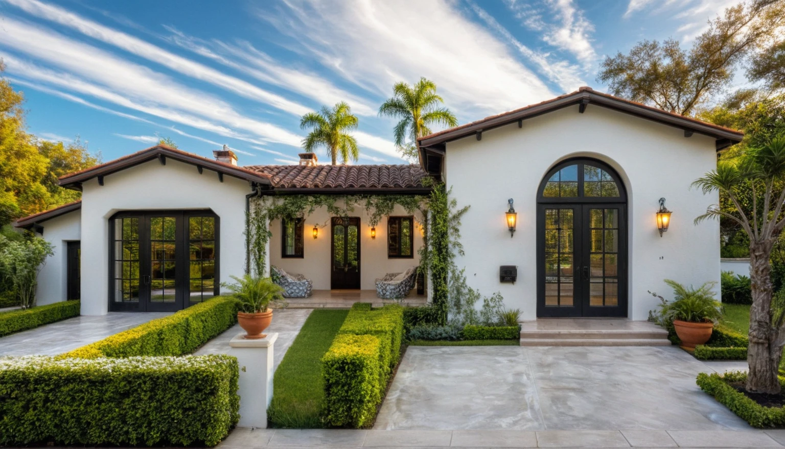 (RAW photo, masterpiece, best quality,ultra-detailed, extremely delicate and beautiful, highresolution, best shadow:1.1), A Mediterranean Italian style home with white stucco walls, black accents and windows, large front yard, vivid color, beautiful shrubs and flower, tropical tree and plants, professional photography in the style of an Italian classic home.