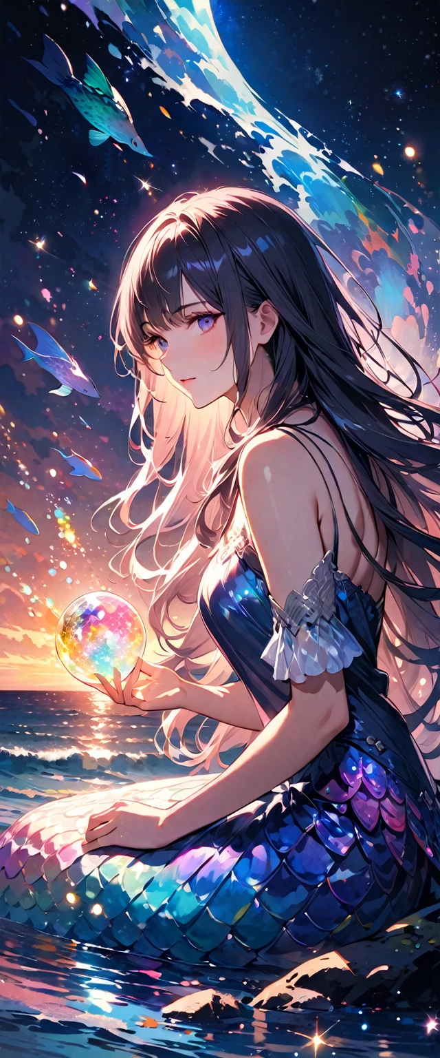 A beautiful flowing mermaid,Iridescent Scales and long,Flowing Hair. She is sitting on a rock by the sea under the moonlight,surrounded by Calm waves and sparkling Sea creatures.,(style: Classic Fantasy, Realistic),(detailed: Long Hair, Iridescent Scales, moonlight, Sea creatures, Calm waves),(Anatomically correct),Highest quality,wonderful品質,16K,Unbelievably absurd,非常にdetailed,Fine and beautiful eyes,Smooth and beautiful skin,Beautiful hair with shiny details,Carefully draw down to the smallest detail,Complex gradation like watercolor painting,Colorful,wonderful色のバランス,Happy dreams,Zentangle Elements,rendering,Cast colorful spells,((Glitter)),Hologram processing,wonderful,Magical Effects,Arranging light particles,Carefully draw the face line,Natural Makeup,Charm,Perfect Proportions