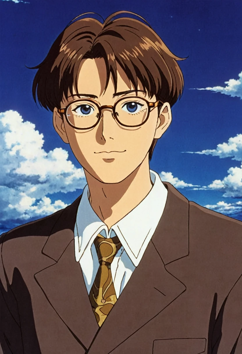 A still from a 90s anime、『Laputa: Castle in the Sky』In the style of a Japanese anime series、A young man with brown hair and glasses is wearing formal attire.。He has short brown hair、He wears black rectangular rimmed glasses.。The background is dark blue。The character&#39;s appearance reflects his age.、Despite being middle-aged, she stands confidently。The deep navy blue background enhances its mysterious aura.。In the style of Hayao Miyazaki、Retro Studio Ghibli animation、It&#39;s like a screen grab from an old VHS.。 --with 45:29
