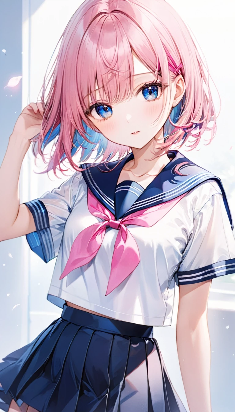 (1 girl),(Best Picture Quality, 8K, Masterpiece:1.3), (high school student:1.5), ((pink lob hair:1.1)), (bob cut),(swept bangs), (cute eyes, pupil black, iris skyblue, youthful face), (mole under right eye), (standard weight), (small breasts),(big hip), (glistening skin:1.1),(pale skin:1.2), ((serafuku, white sailor short sleeve simple shirt, darkblue skirt, darkblue sailor collar, pink ribbon)).